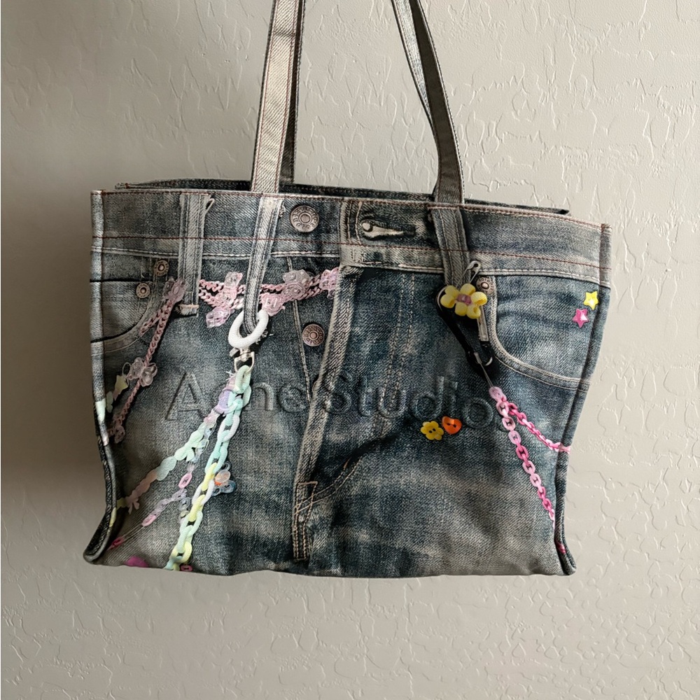 Acne Studios Denim Print Tote with Colorful Chains